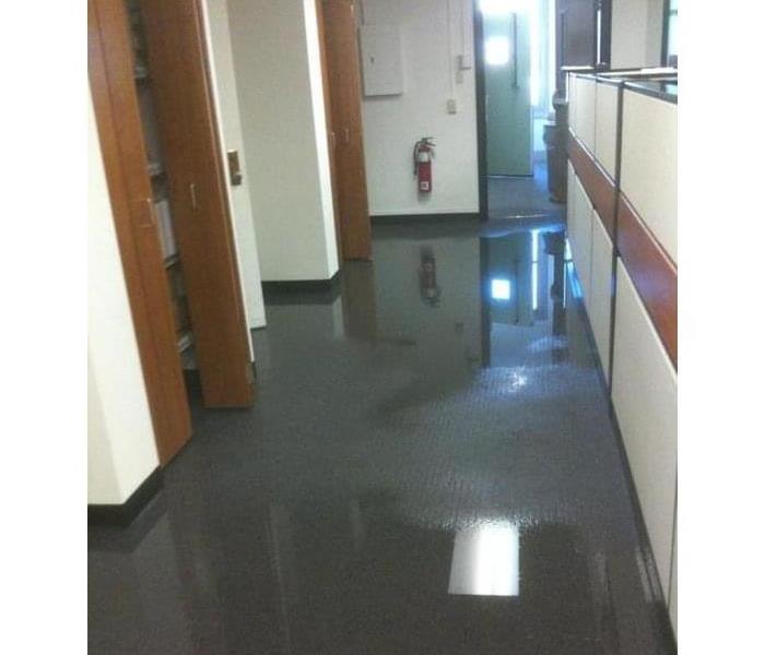 A photo showing water covering the carpeting in an office building.
