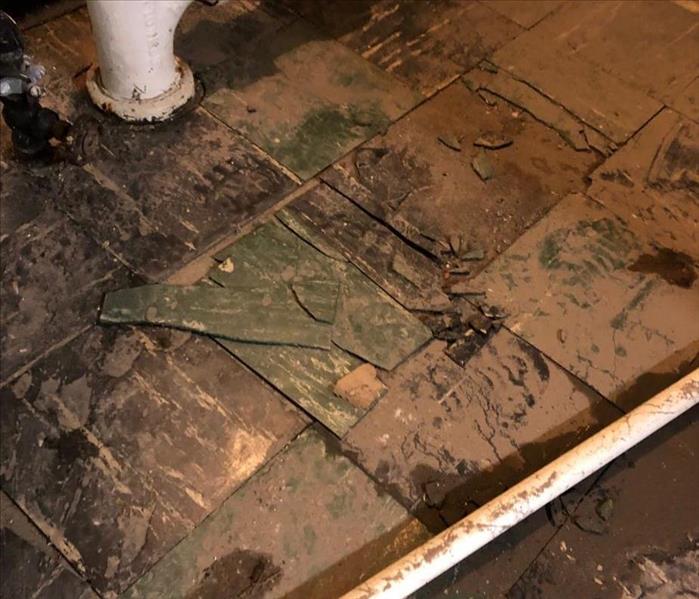 A photo of an old asbestos tile floor in a basement damaged by water.