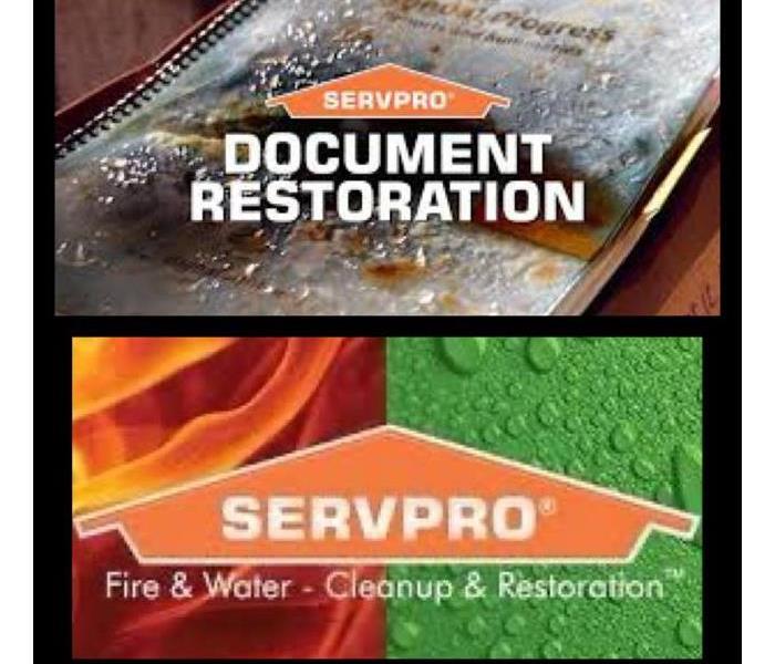 A photo showing a damaged document and the SERVPRO logo
